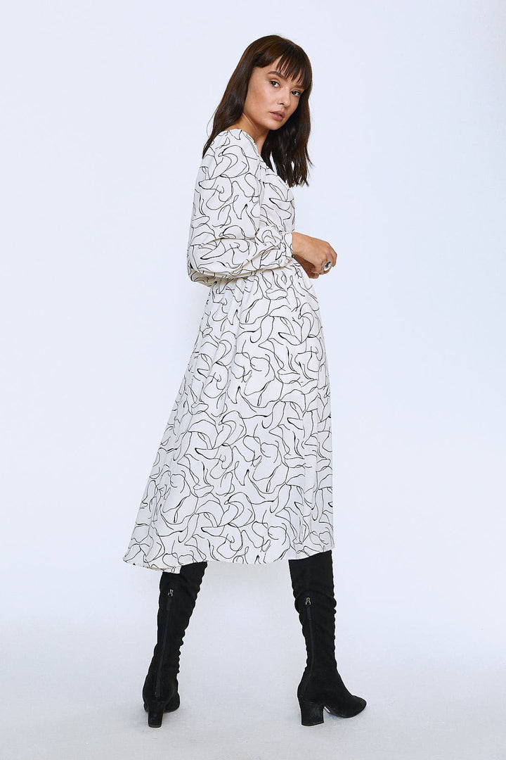 Patterned Belt Detailed Midi Dress Ecru