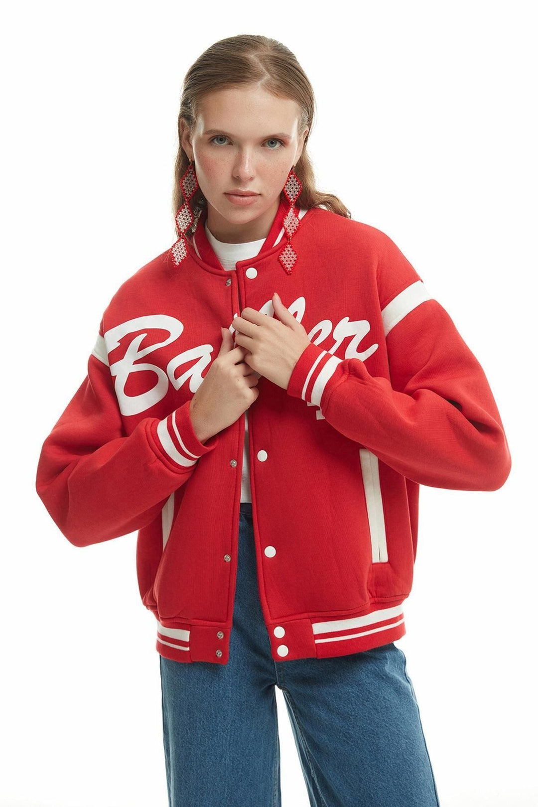 Print Detailed Bomber Jacket Red