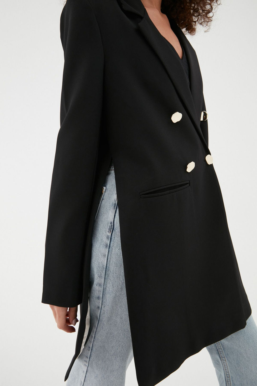 Yanı Yırtmaçlı Uzun Blazer Ceket Siyah