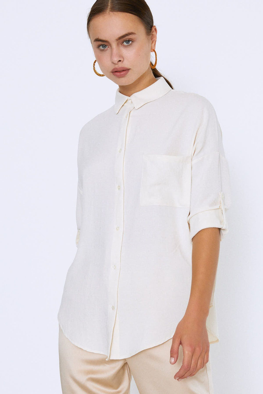 Embroidered Back Three Quarter Sleeve Shirt Ecru