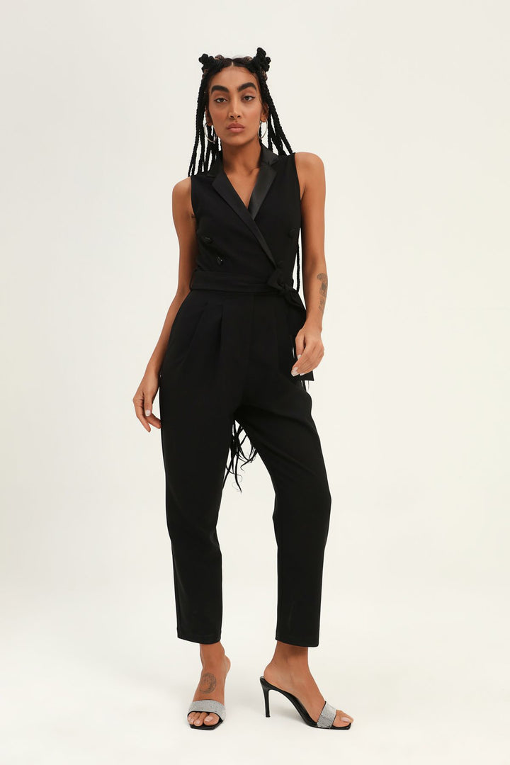 Satin Collar Belted Jumpsuit Black