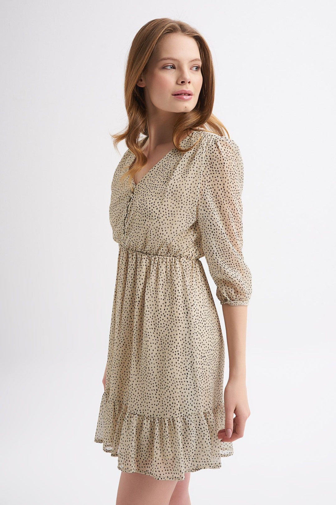 Patterned V-Neck Button Detailed Dress Beige