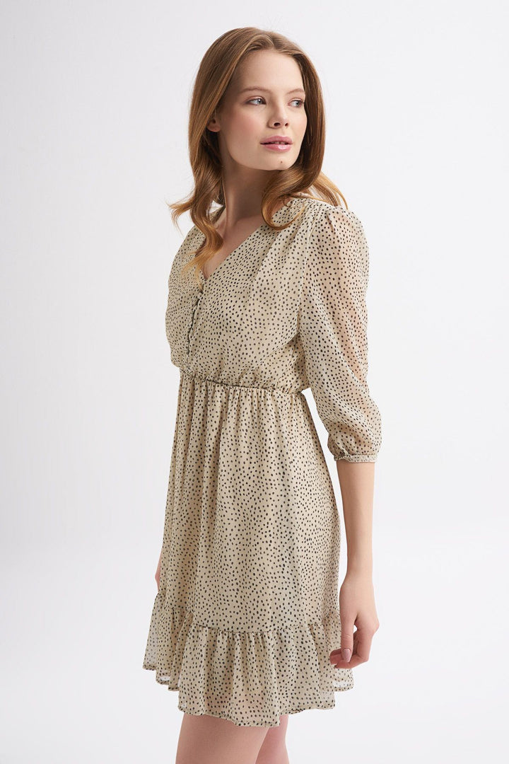 Patterned V-Neck Button Detailed Dress Beige