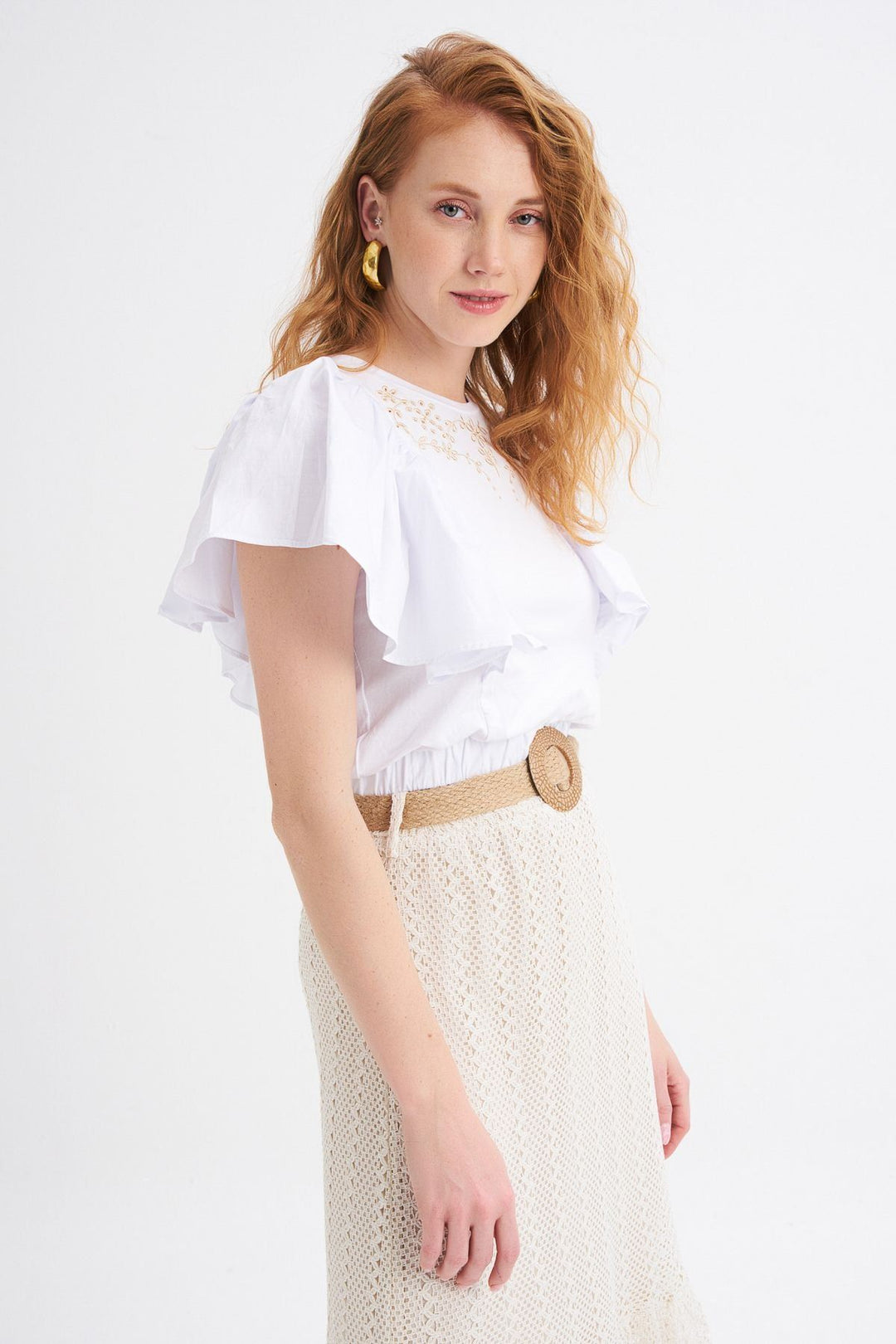 Nakış Detaylı Karpuz Kol Tişört Beyaz