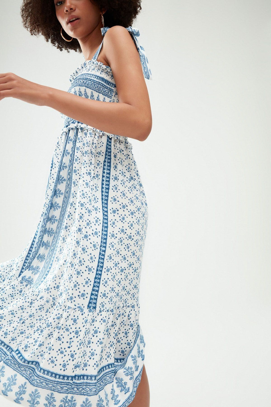 Desenli Gipeli Kalın Askılı Elbise Mavi