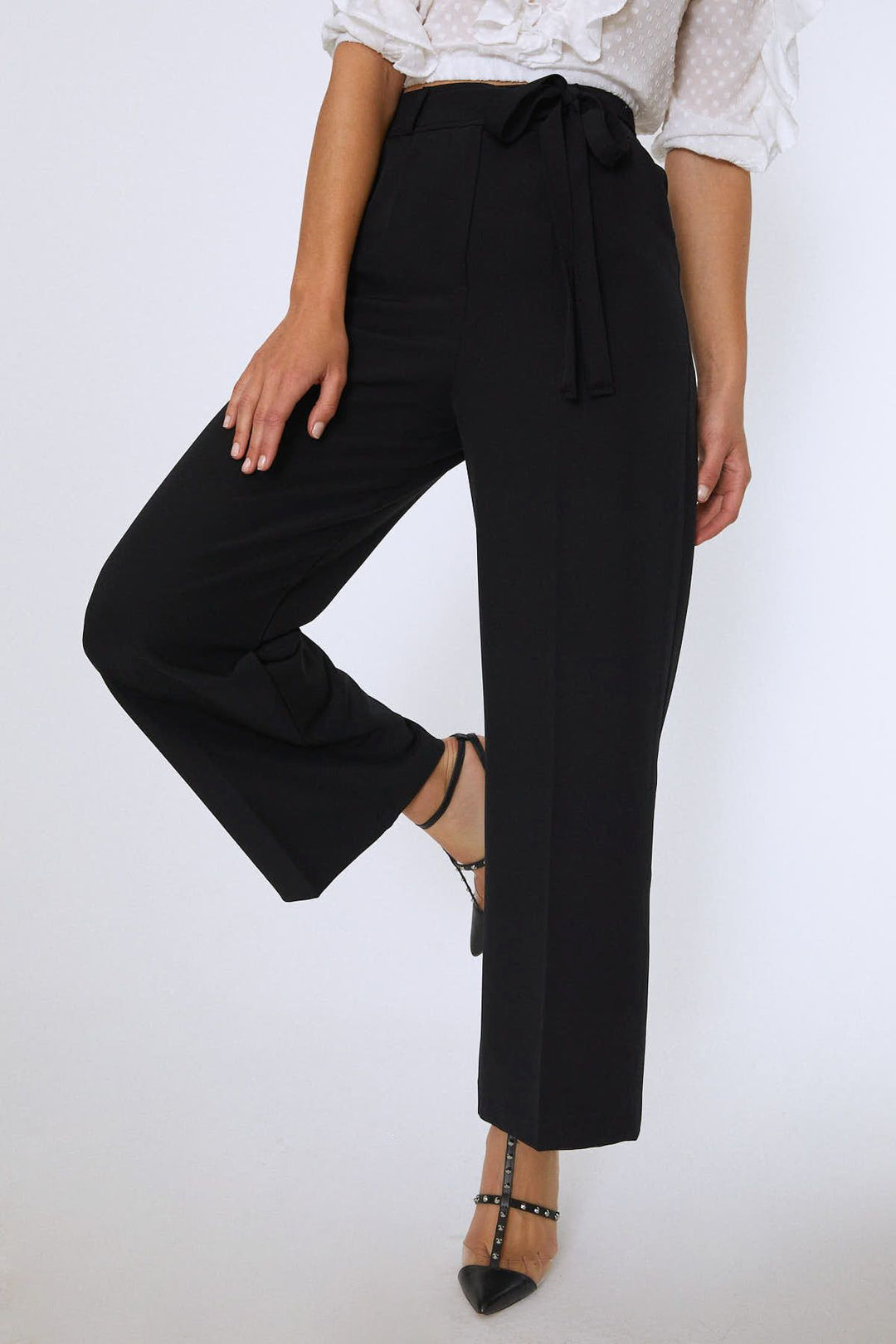 Beli Bağlamalı Geniş Paça Pantolon Siyah