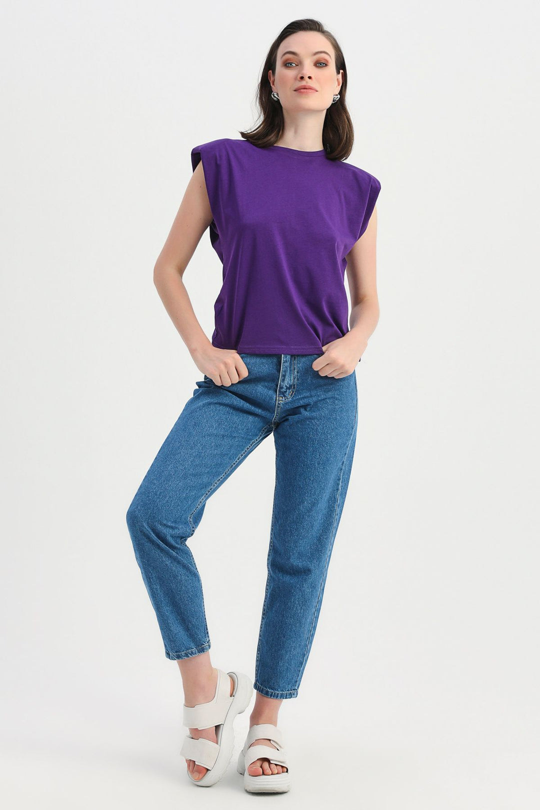 Vatkalı Kolsuz Basic Tişört Mor