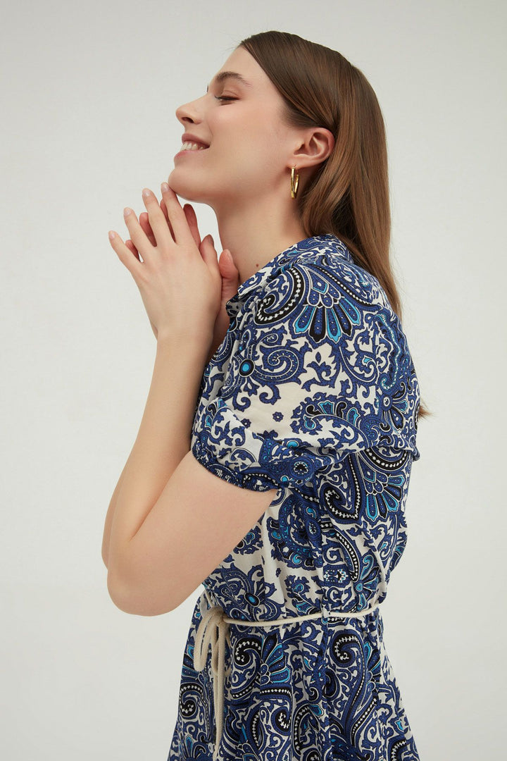 Gömlek Yaka Volanlı Mini Elbise Lacivert