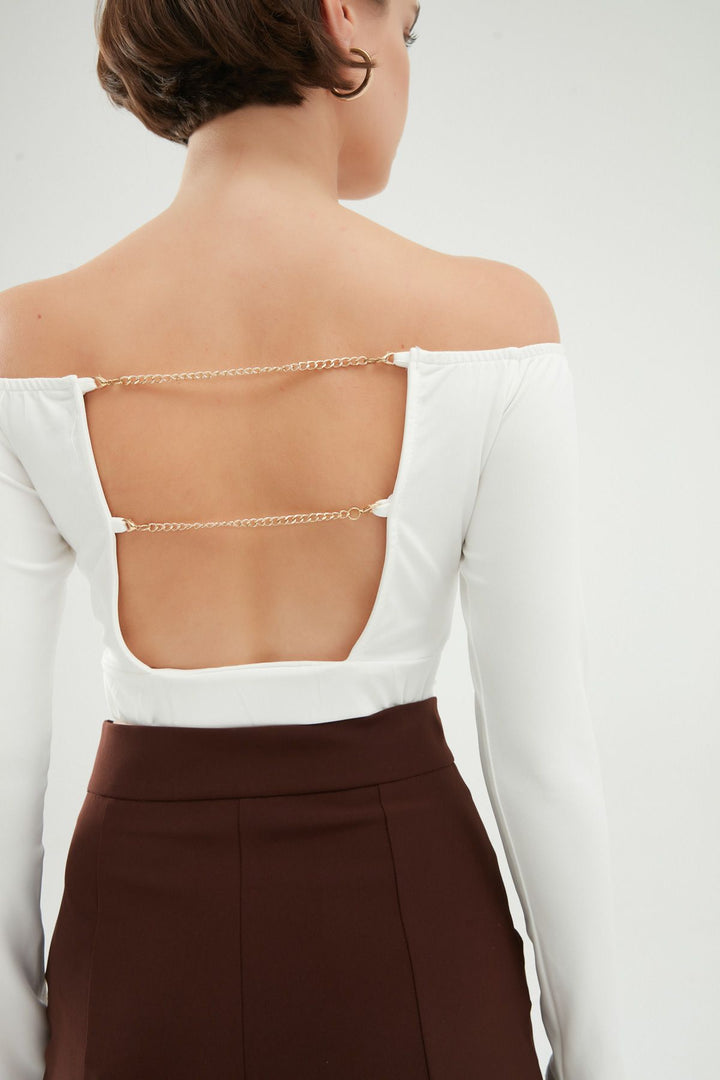 Zincirli Crop Bluz Beyaz