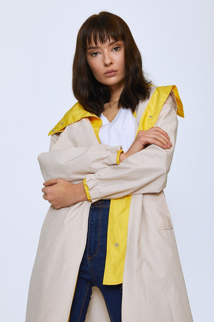 Back Printed Hooded Trench Coat Stone