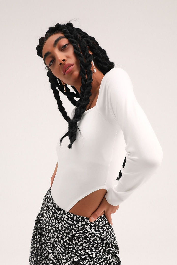 Square Neck Long Sleeve Bodysuit Ecru