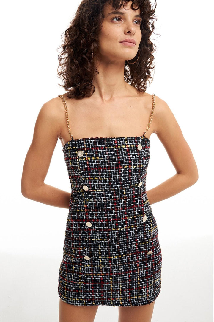 Chain Strap Tweed Dress Black