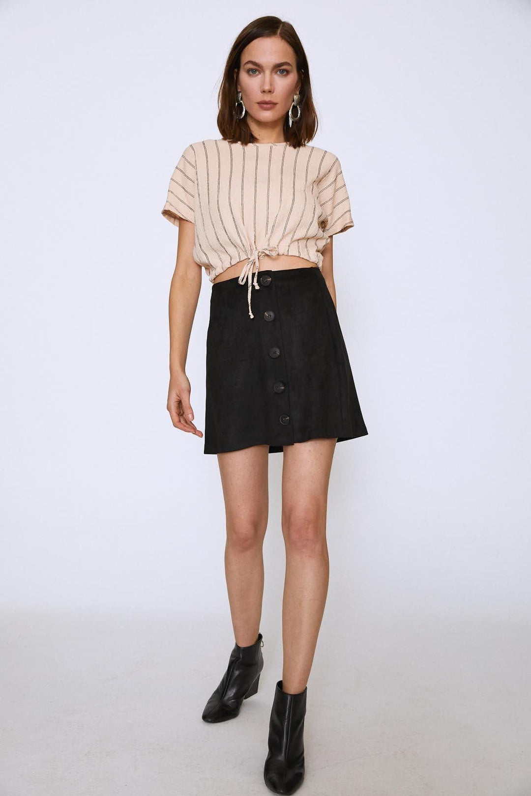 Striped Crop Bottom Tie Blouse Beige