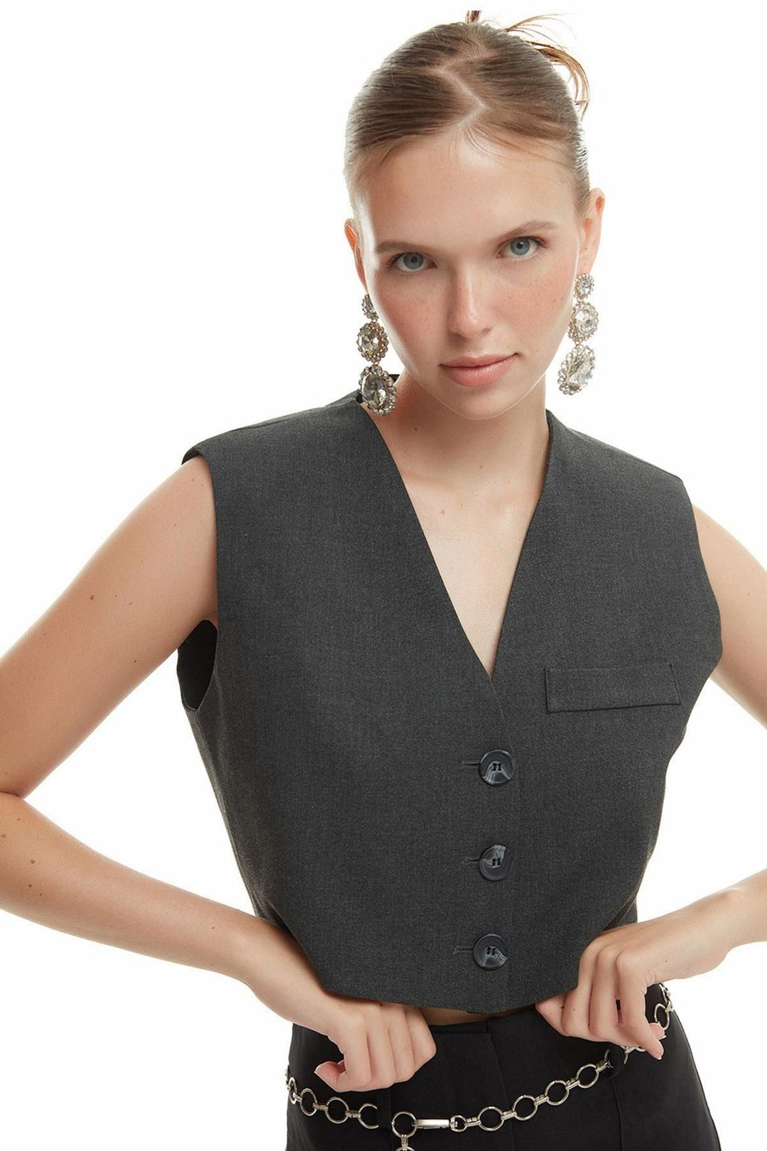 Buttoned Crop Vest Anthracite