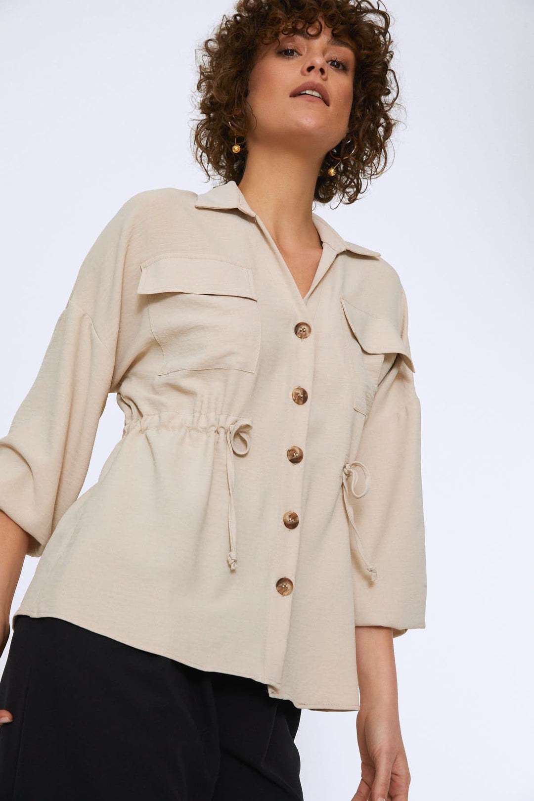 Beli Bağlamalı Cepli Gömlek Taş