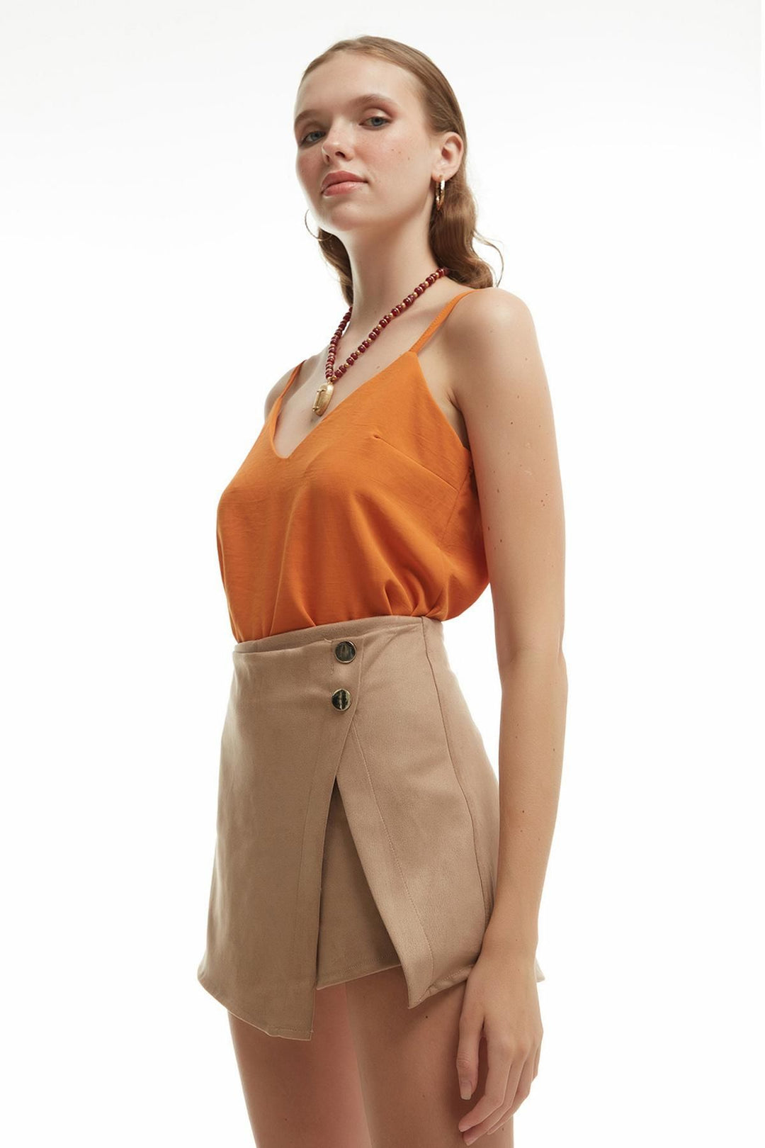 Asymmetric Suede Short Skirt Beige