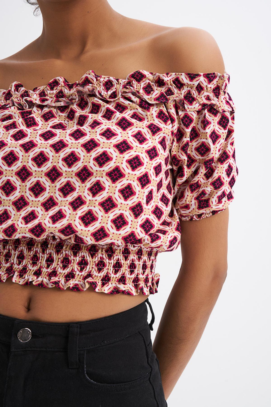 Patterned Off Shoulder Ruffle Detailed Blouse Claret Red
