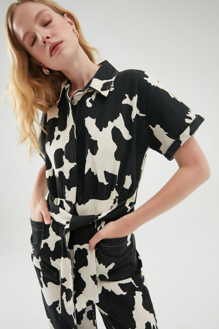 Gabardine Shirt Collar Jumpsuit Black