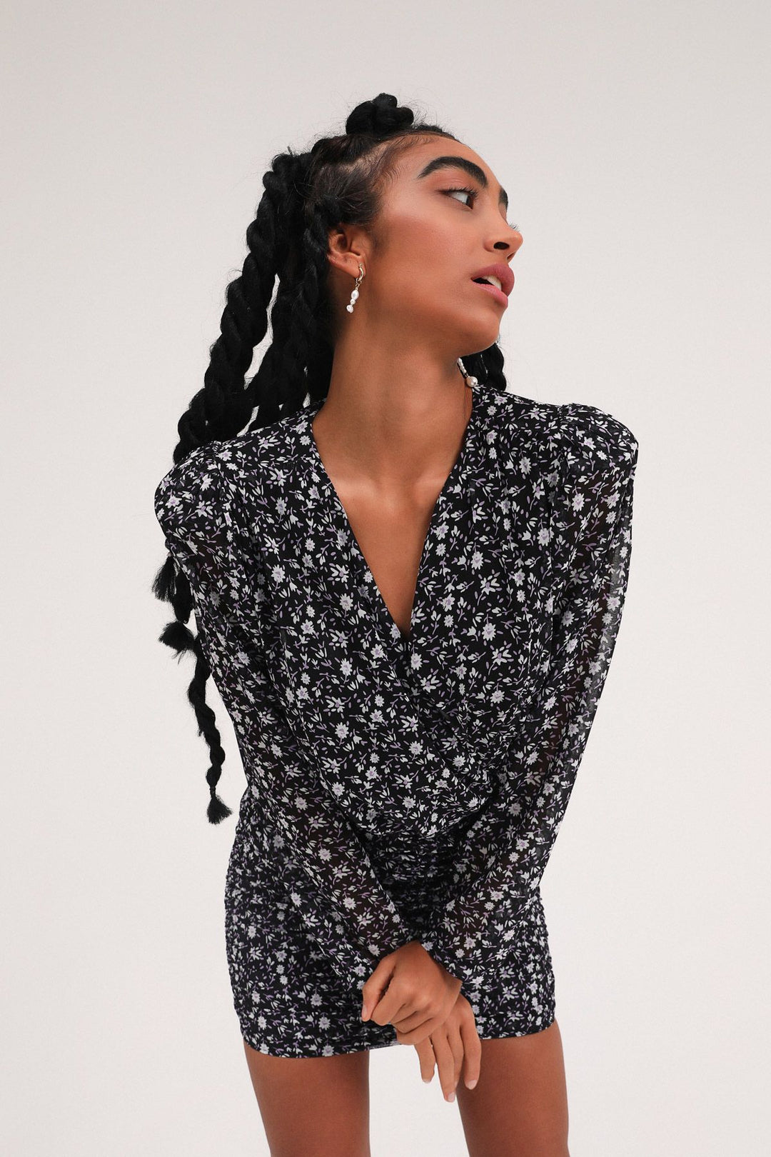 Patterned Pleated Double Breasted Mini Dress Black