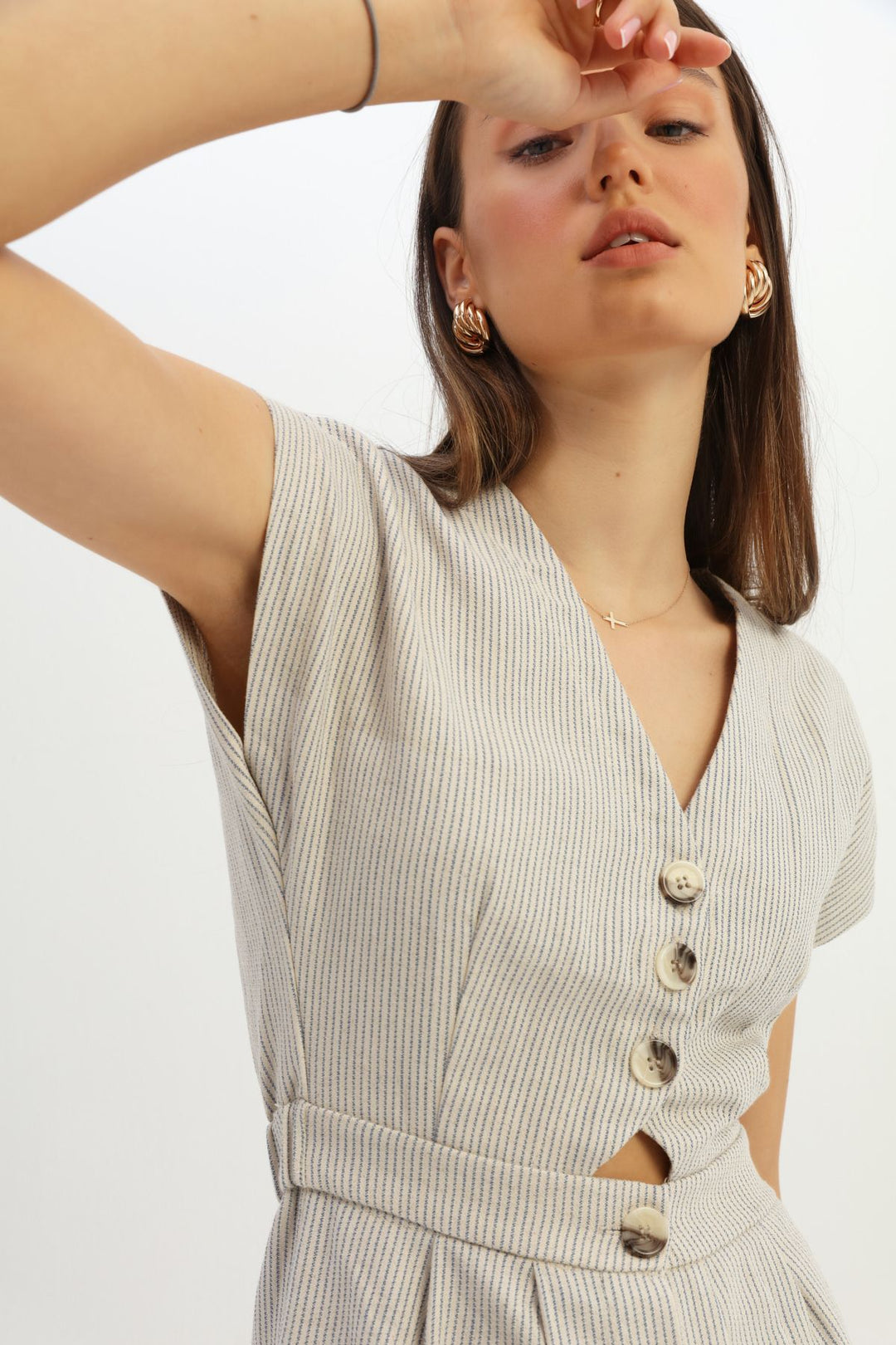 V Neck Buttoned Linen Dress Indigo