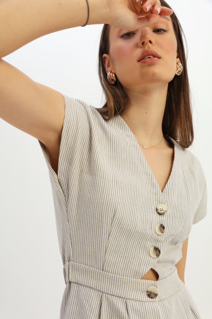 V Neck Buttoned Linen Dress Indigo