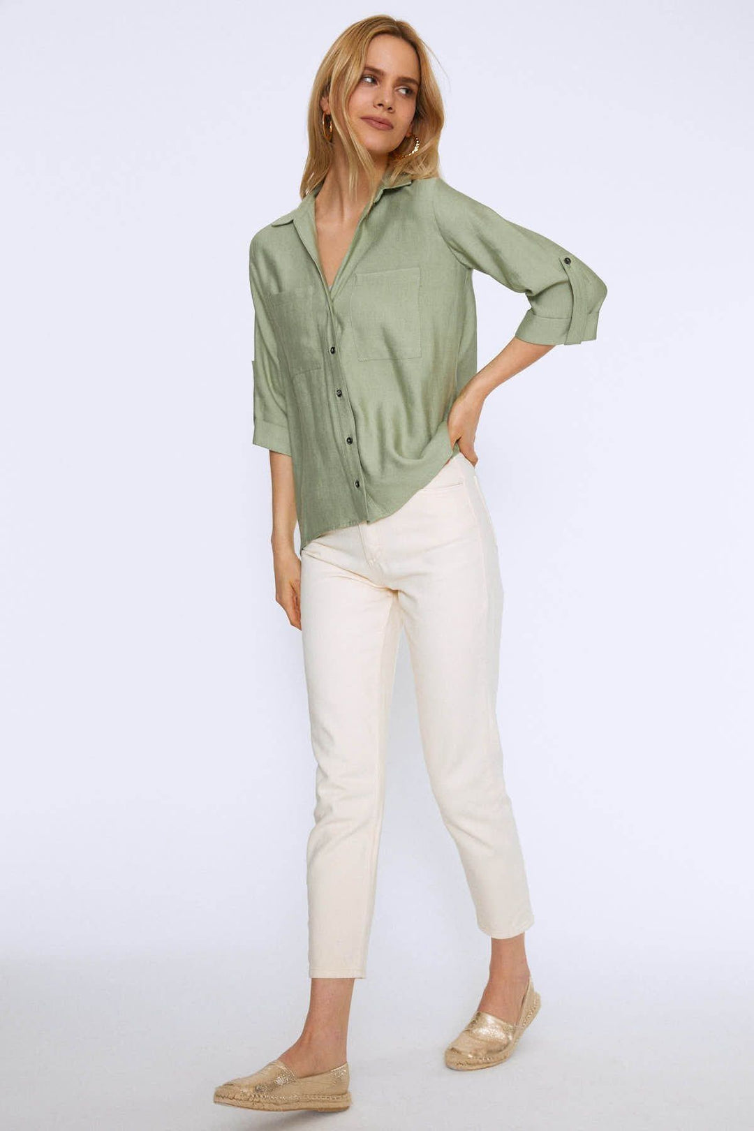 V Neck Three Quarter Sleeve Shirt Mint