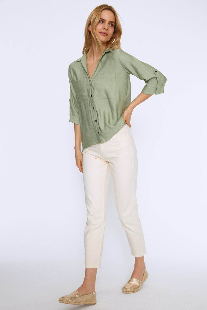V Neck Three Quarter Sleeve Shirt Mint