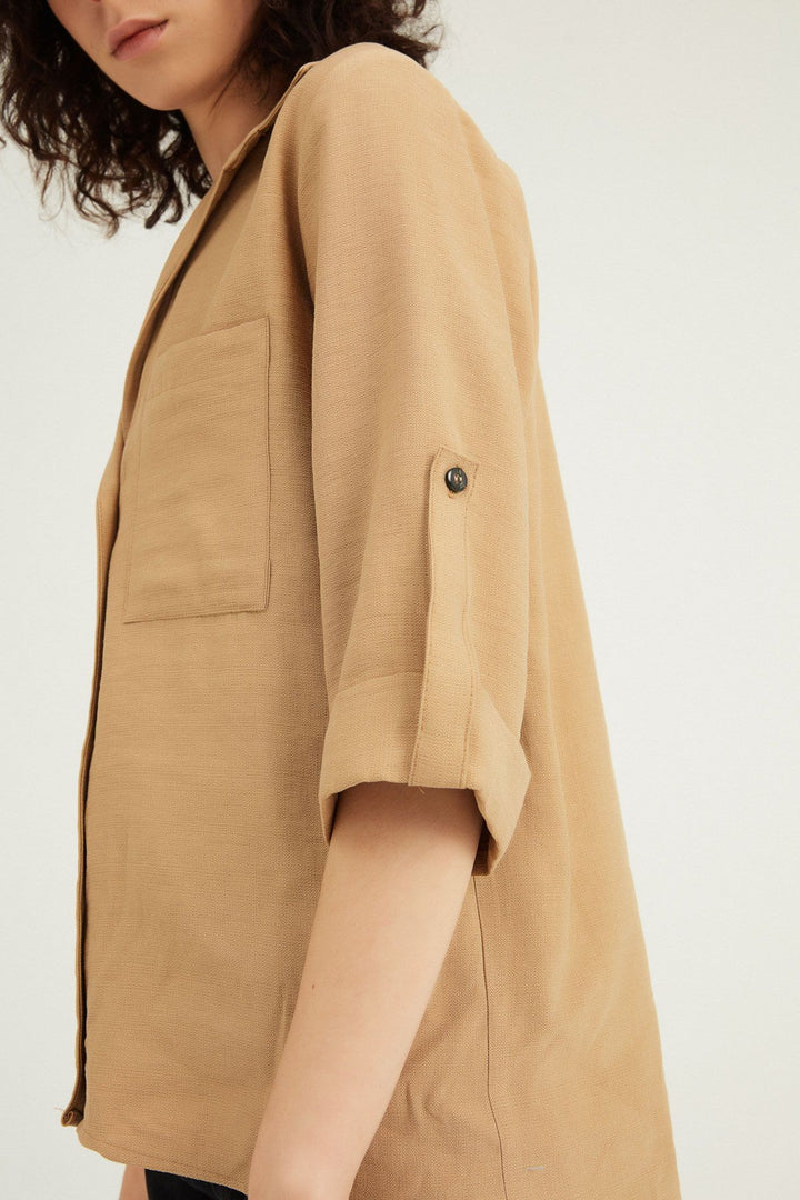 V-Neck Three Quarter Sleeve Shirt Camel