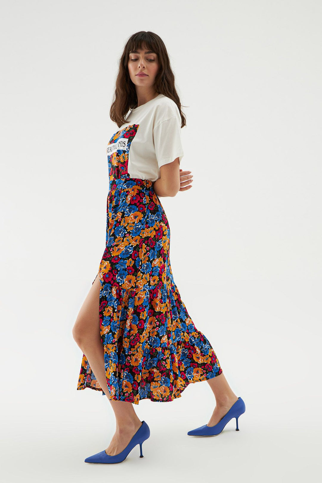 Floral Slit Midi Length Skirt Navy Blue