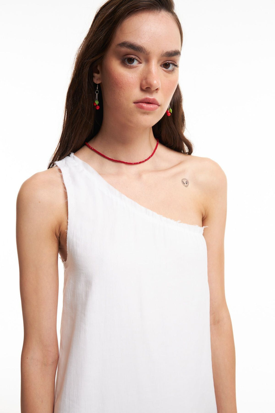 One Shoulder Frilly Dress Ecru