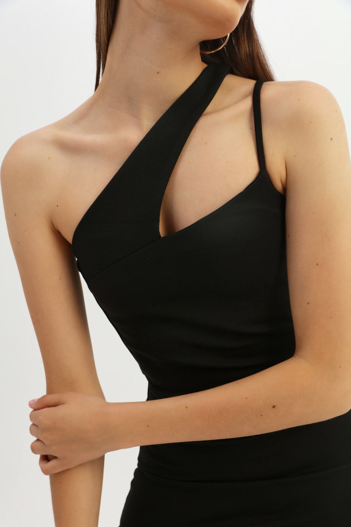 Asymmetrical Strap Midi Dress Black