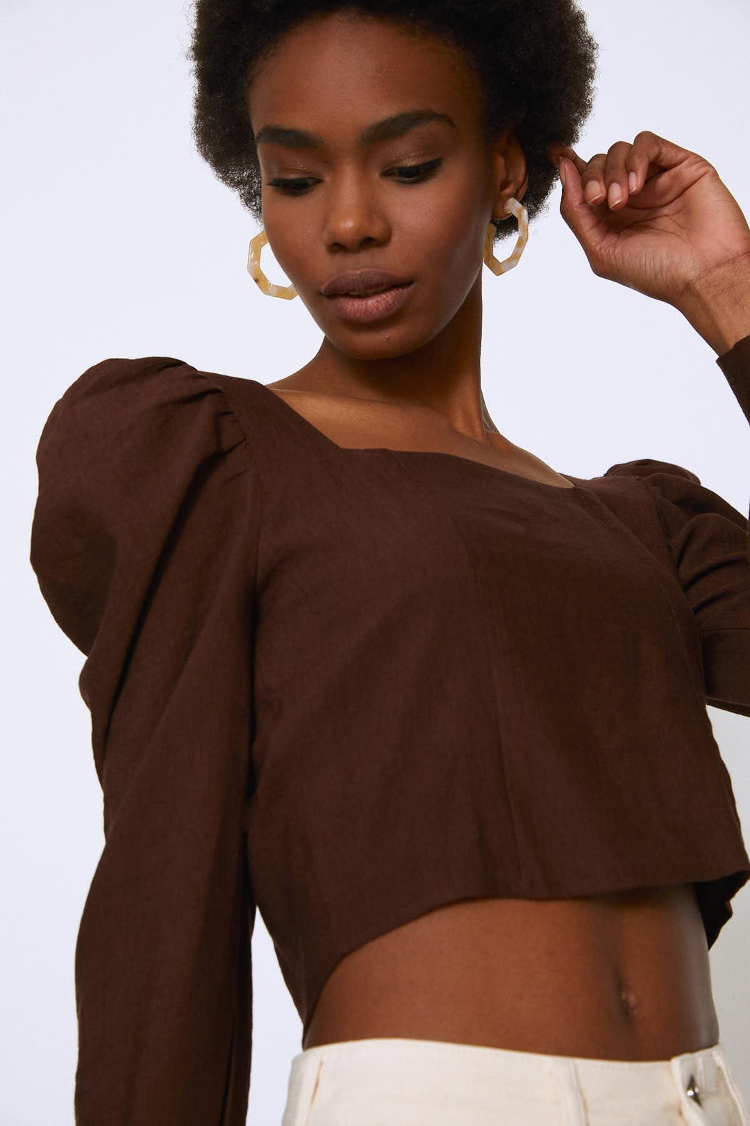 Watermelon Sleeve Square Collar Blouse Dark Brown