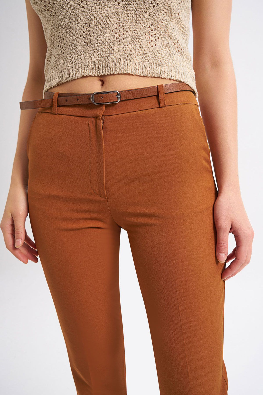 Waist Belt Short Leg Trousers Tan