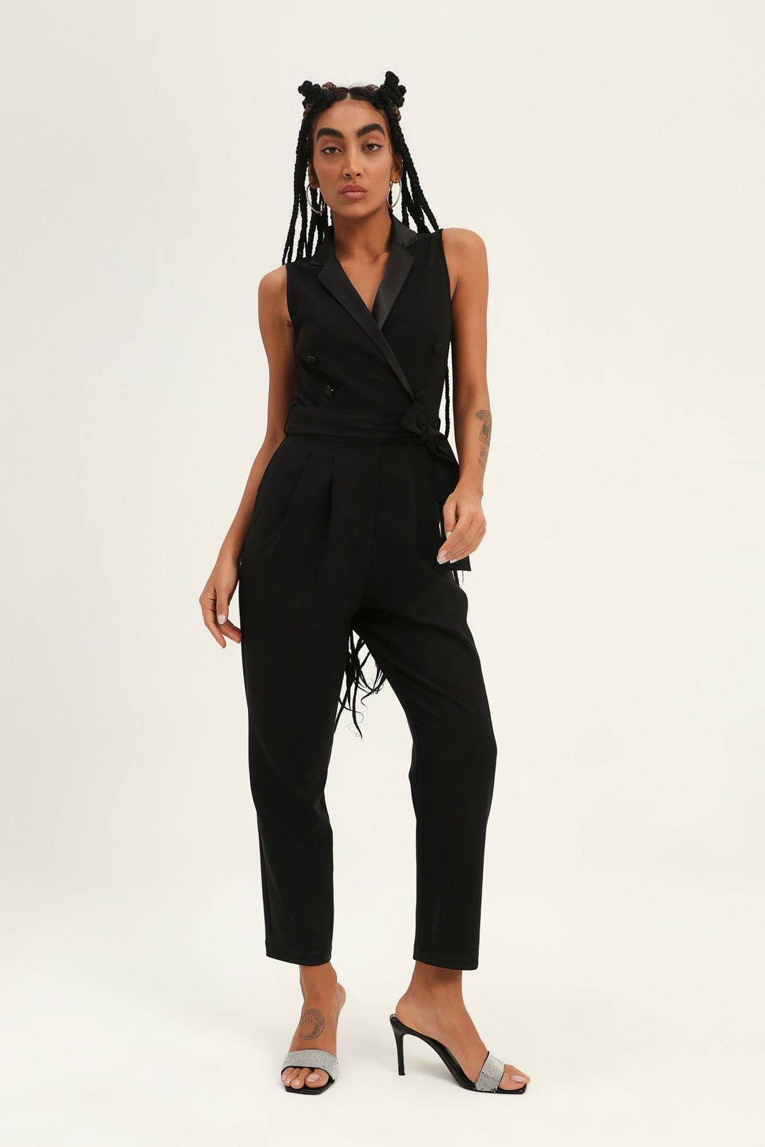Satin Collar Belted Jumpsuit Black