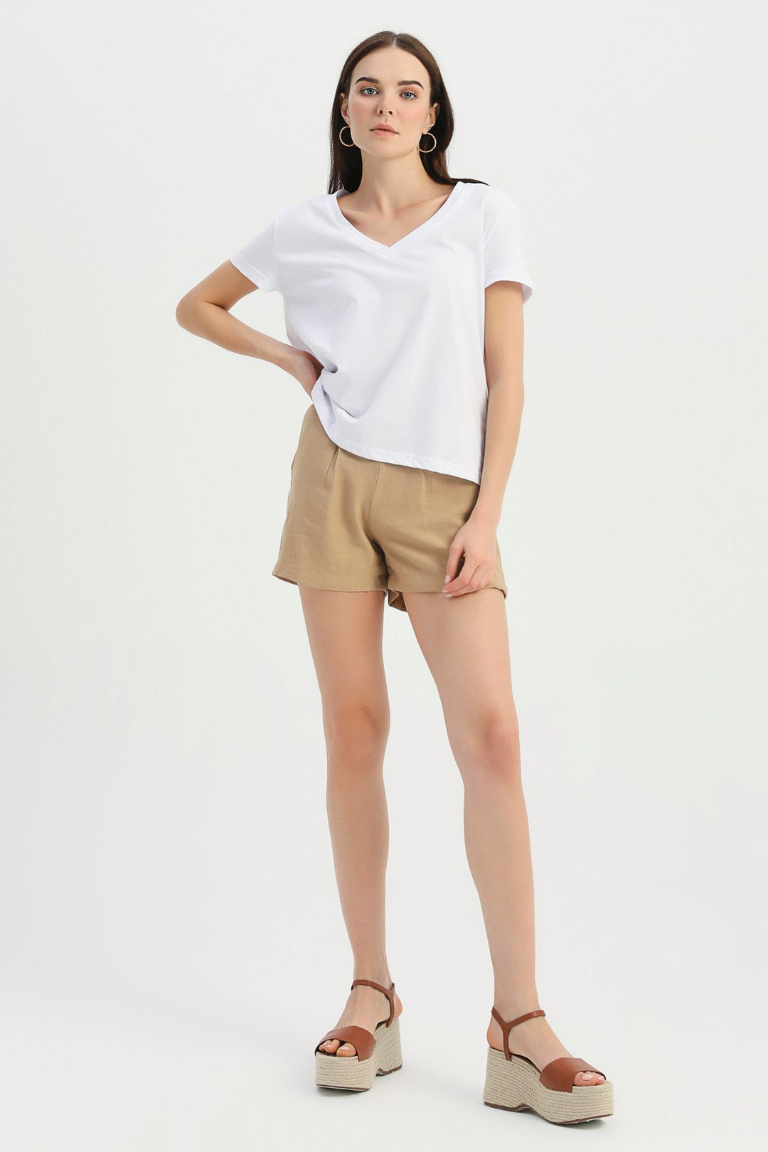 Vatkalı V Yaka Tişört Beyaz