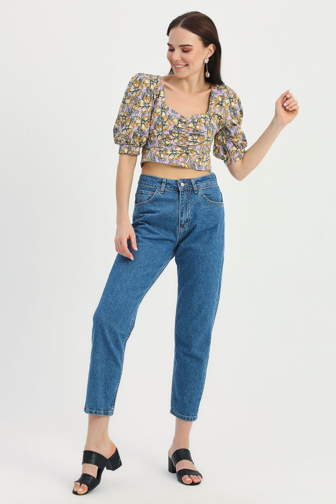 Floral Patterned Balloon Sleeve Crop Blouse Lilac