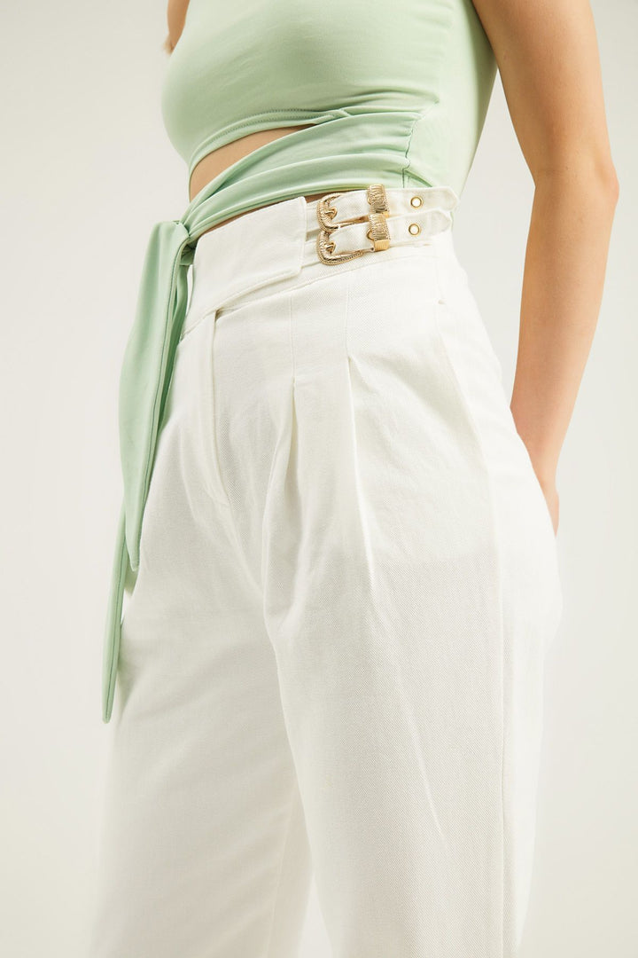 Tokalı Gabardin Yüksek Bel Pantolon Beyaz