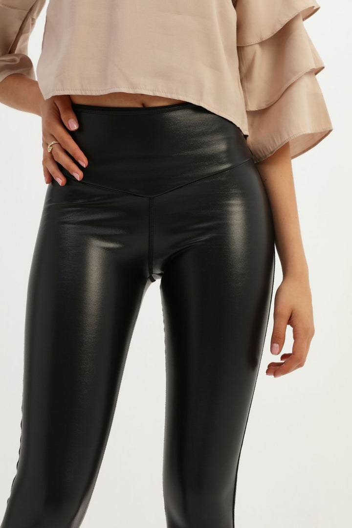 Yüksek Bel Deri Tayt Siyah