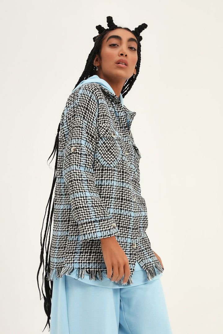 Püskül Detaylı Çizgili Gömlek Mavi