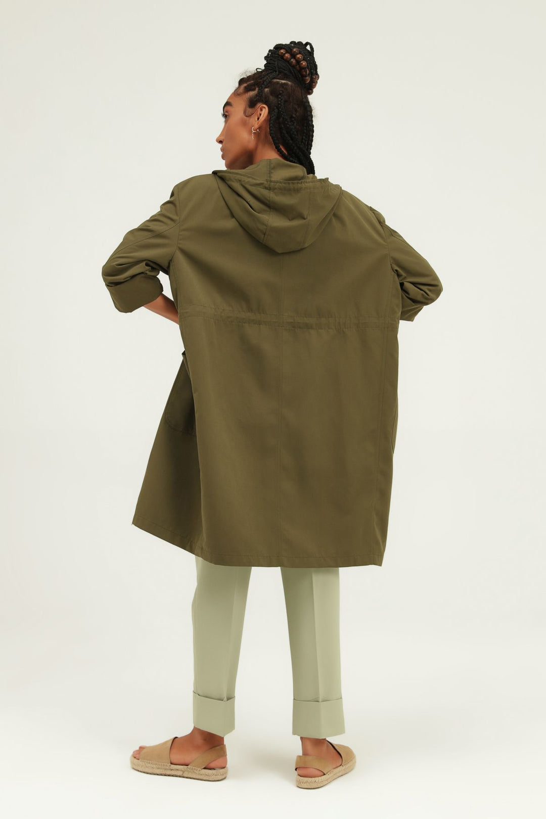 Pleated Waist Hooded Trench Coat Khaki