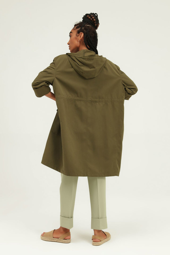 Pleated Waist Hooded Trench Coat Khaki
