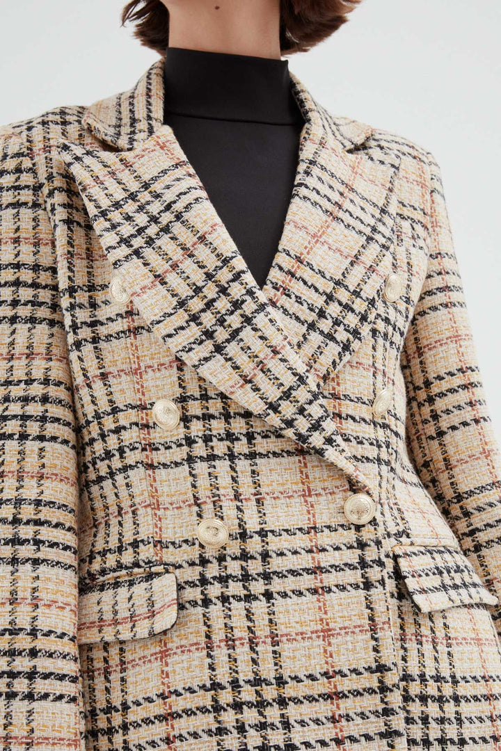 Çizgili Kruvaze Blazer Ceket Bej