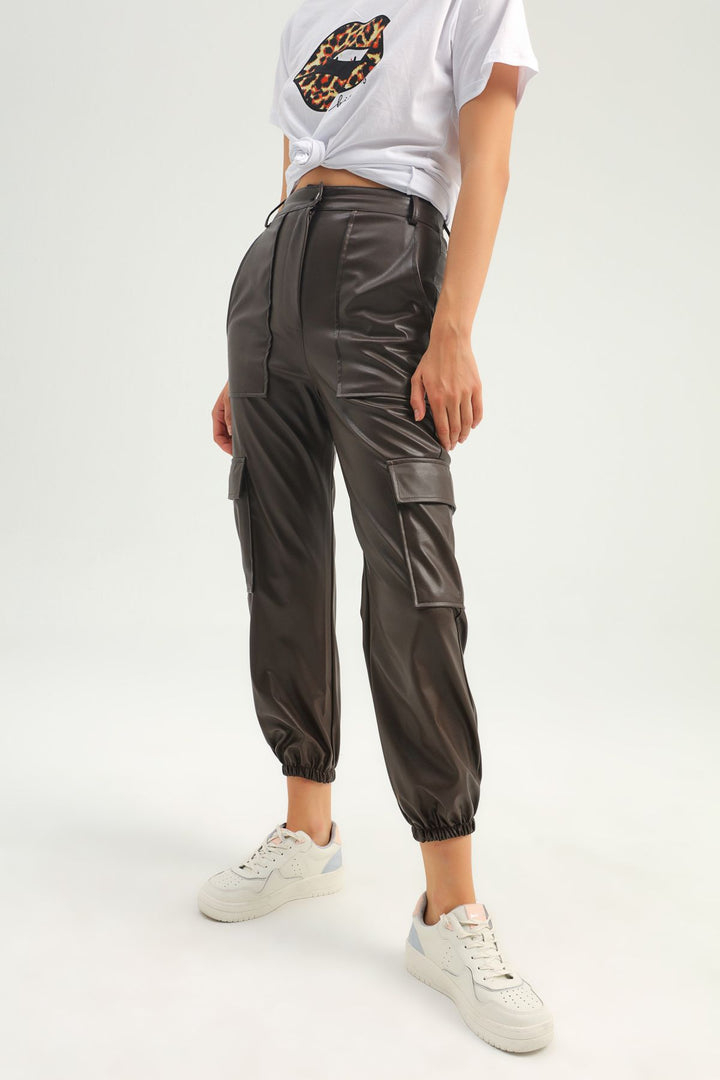 Cargo Pocket Leather Jogger Pants Brown