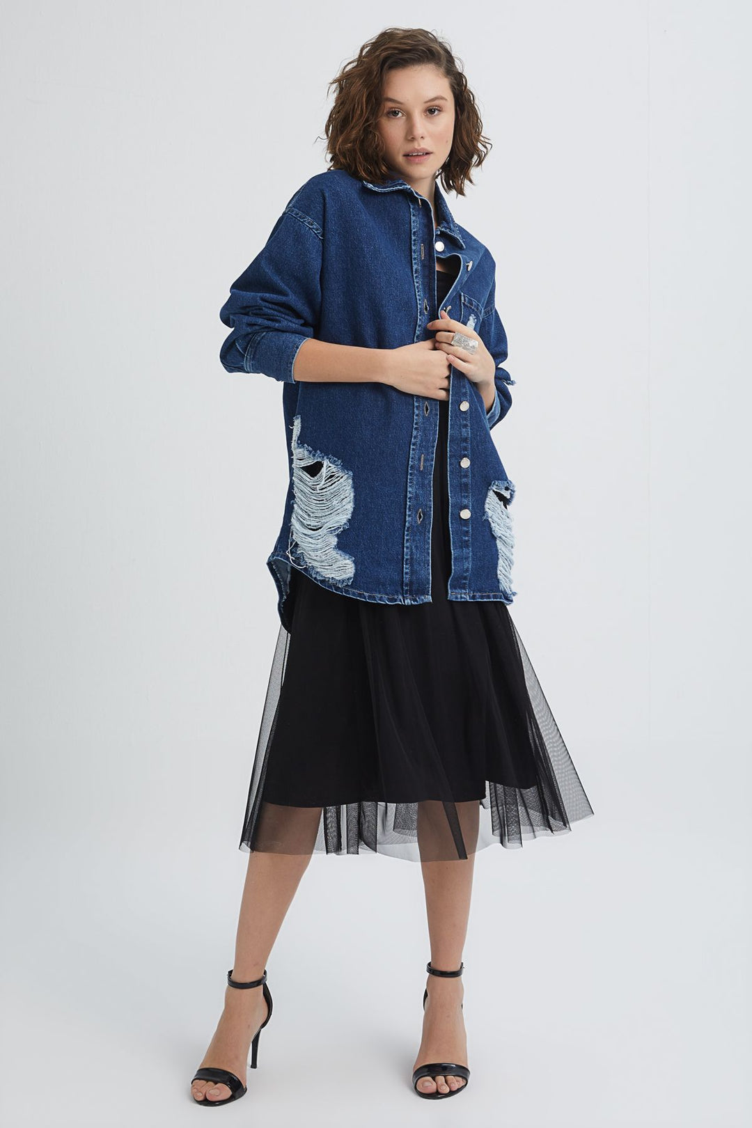 Kemer Detaylı Uzun Kot Ceket Mavi