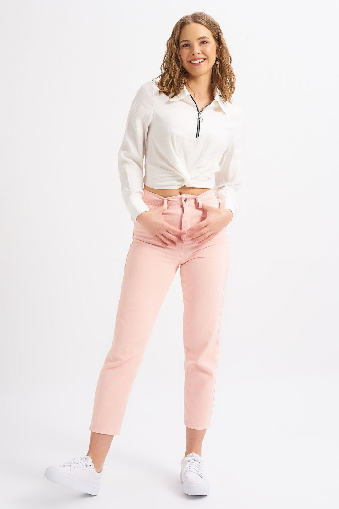 Zippered Tie Detailed Blouse Ecru