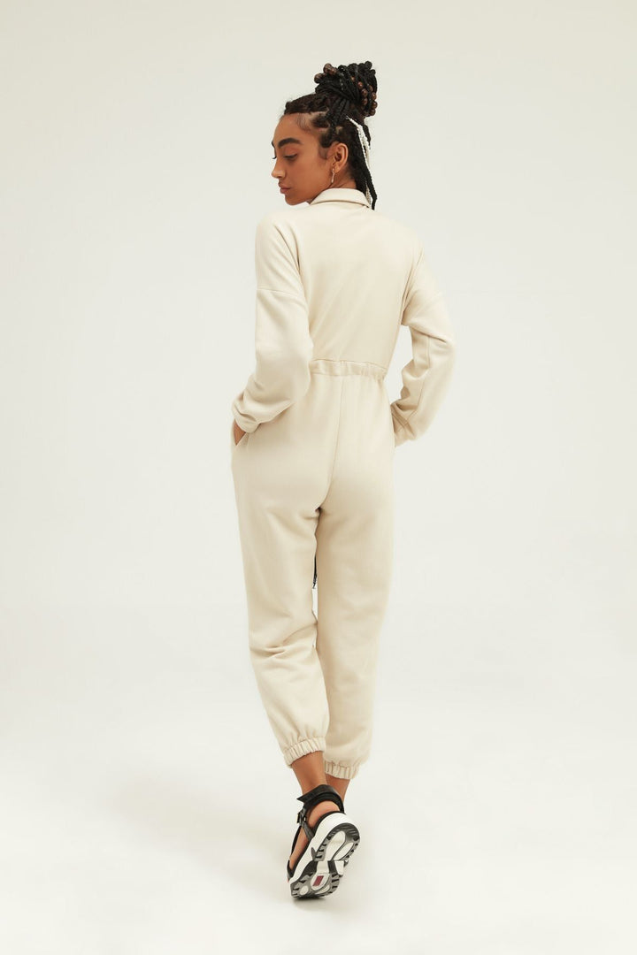 Pleated Waist Shirt Collar Jumpsuit Beige