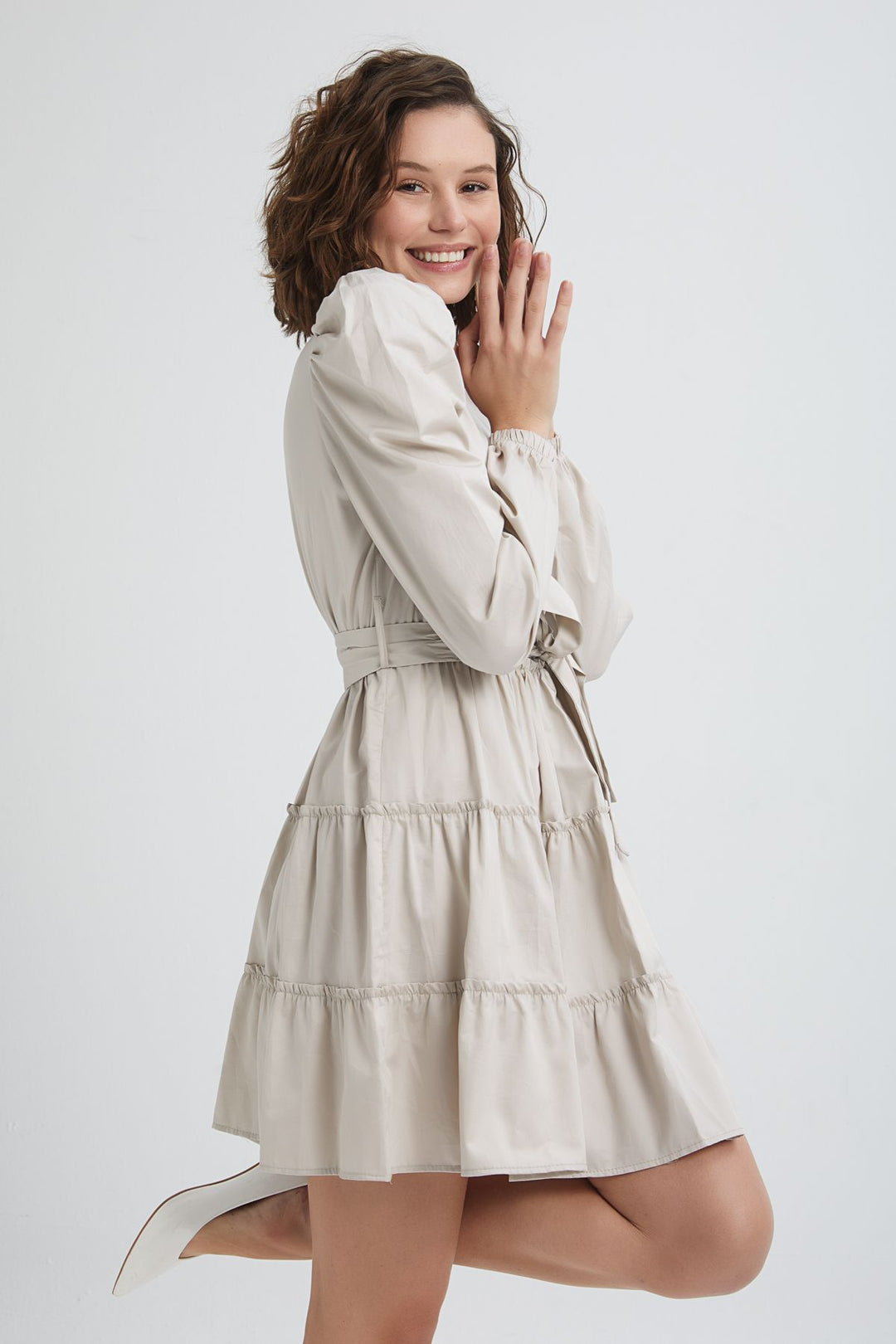 Double Breasted Balloon Sleeve Dress Stone