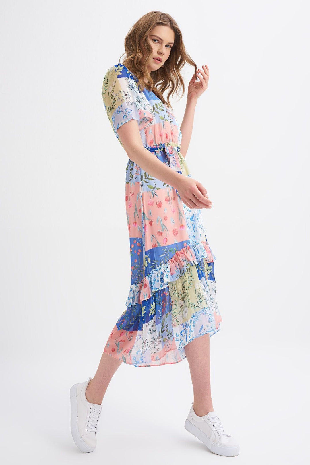 Patterned V-Neck Frilly Dress Indigo