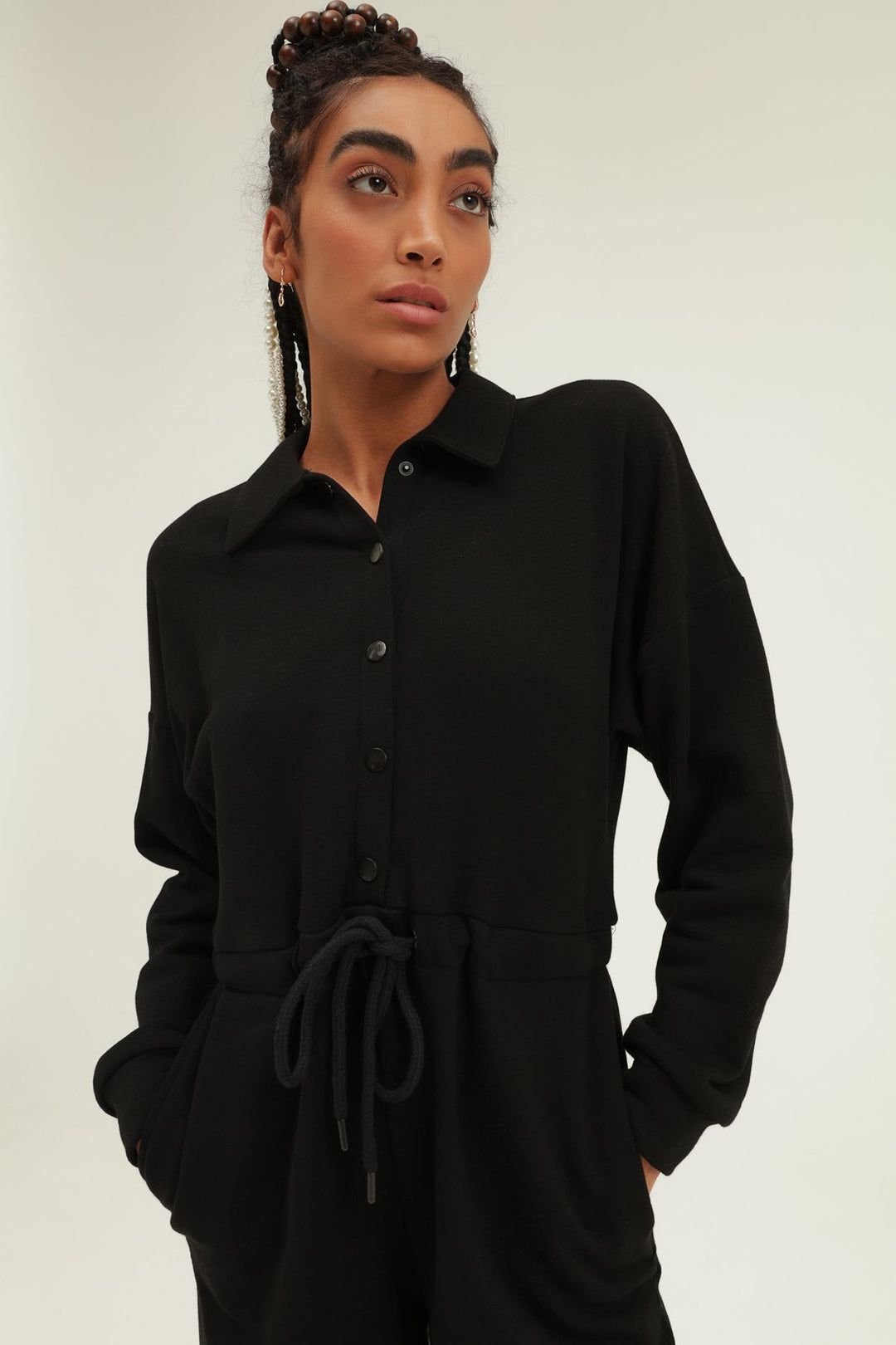 Beli Büzgülü Gömlek Yaka Tulum Siyah