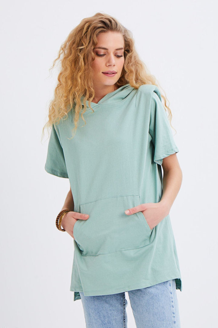 Hooded Kangaroo Pocket Long Sweatshirt Mint